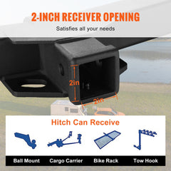 Close-up of a black 2-inch receiver hitch for 2011-2022 Jeep Grand Cherokee with mounting holes.