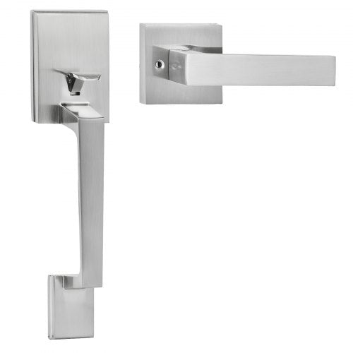 Satin nickel front door handle set with a square lever and no lock, designed for easy installation.