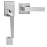 Satin nickel front door handle set with a square lever and no lock, designed for easy installation.