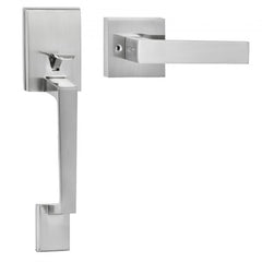 Satin nickel front door handle set with a square lever and no lock, designed for easy installation.