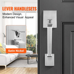 Satin nickel front door handle set with a square lever and no lock, designed for easy installation.