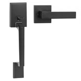 Matte black zinc alloy front door handle set with reversible lever, no lock.