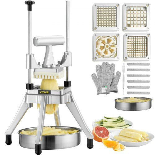 Stainless steel vegetable chopper with four interchangeable blades and ergonomic handle.