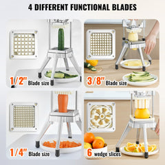 Stainless steel vegetable chopper with four interchangeable blades and ergonomic handle.