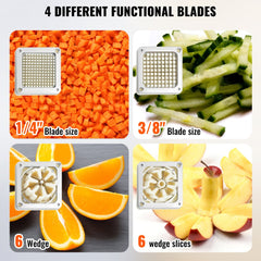 Stainless steel french fry cutter with 1/4-inch blade dicing carrots, 3/8-inch grating cucumber, 6-wedge slicing orange, and corer for apple.