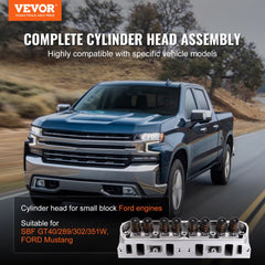 Aluminum engine cylinder head assembly for SBF Ford Mustang with CNC machined components.