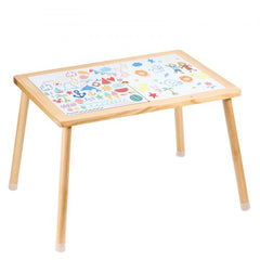 Pine wood sensory activity table with double-sided writable top for toddlers' play and learning.