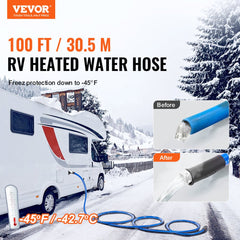 100ft heated RV water hose with antifreeze protection and durable kink-free design.