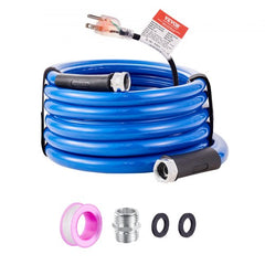 Blue 15ft heated RV water hose with power cord, fittings, and rubber seals.