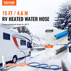 15ft heated RV water hose with antifreeze protection down to -45°F, shown connected to an RV in snowy conditions.