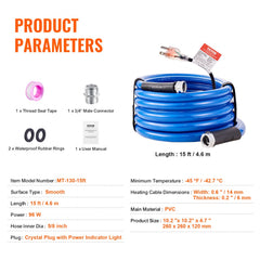 15ft heated RV water hose with self-regulating cable, 5/8" ID, lead-free PVC, and -45°F rating.