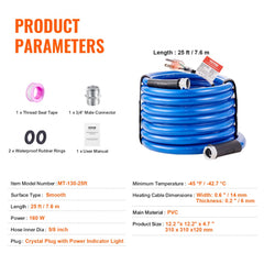 25ft heated RV water hose with self-regulating heating element and BPA-free materials.