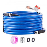Blue 50ft heated RV water hose with self-regulating cable, lead-free, and included fittings.