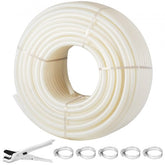 A coiled roll of white PEX-B tubing, a pipe cutter, and five metal clamps.
