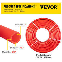 Red 1" x 500 FT PEX-B pipe with a thickness of 0.07" for flexible water distribution.