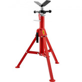 Red adjustable V-head pipe stand with tripod legs and handle, supports up to 2500 lbs.