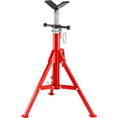 Folding steel pipe stand with adjustable height from 28 to 52 inches and V-head cradle.