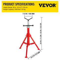 Folding steel pipe stand with adjustable height, supporting up to 2500 lbs for various pipe sizes.