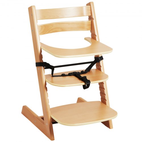 Natural beech wood high chair with adjustable height and footrest for growing children.