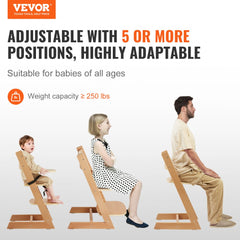 Natural beech wood high chair with adjustable height and footrest for growing children.