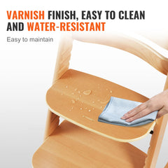 Natural beech wood high chair with adjustable height and footrest for growing children.