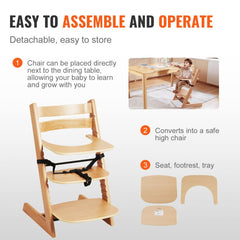Natural beech wood high chair with adjustable height and footrest for growing children.