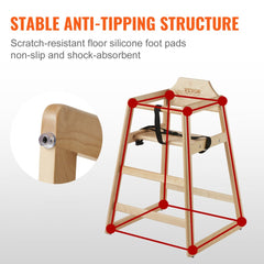 Natural birch wood high chair with stable anti-tipping structure and non-slip silicone foot pads.
