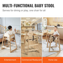 Natural birch wood high chair for babies and toddlers, shown in dining, play, and home settings.