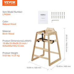 Natural birch wood high chair for babies and toddlers with adjustable harness.