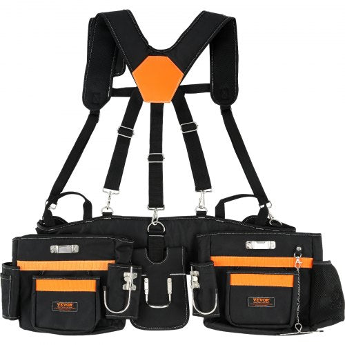 Black Bostome tool belt with orange accents, padded suspenders, and 29 pockets.