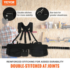 Black Bostome tool belt with suspenders, 29 pockets, adjustable 29-54 inches, double-stitched for durability.