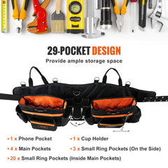 Black adjustable tool belt with suspenders, 29 pockets, and orange accents.