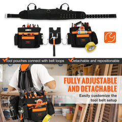 Black adjustable tool belt with suspenders and 29 pockets for tools.