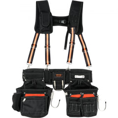 Black heavy-duty tool belt with suspenders, featuring 29 pockets and reflective orange straps.