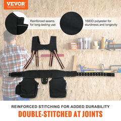 Black heavy-duty tool belt with suspenders, 1680D polyester, and multiple pockets.