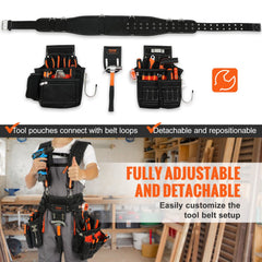Black heavy duty tool belt with suspenders and multiple pockets for tools and accessories.