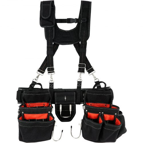 Black nylon tool belt with adjustable suspenders and 34 pockets for organization.