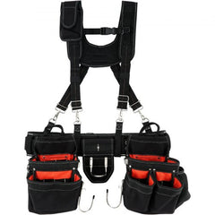 Black nylon tool belt with adjustable suspenders and 34 pockets for organization.