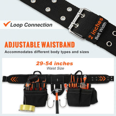 Black Bostome tool belt with suspenders, 34 pockets, adjustable 29-54 inch waistband, 1250D nylon.