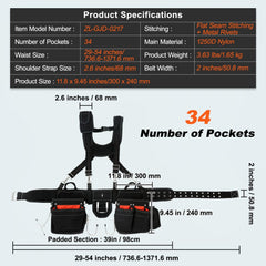 Black Bostome tool belt with suspenders, 34 pockets, adjustable 29-54 inches, 1250D nylon.