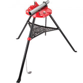 Red tripod chain pipe vise with steel legs, gripping a pipe, for 1/8-6 inch sizes.
