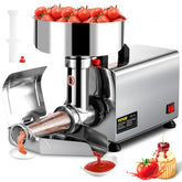 Stainless steel electric tomato strainer with hopper, auger, and output tray.
