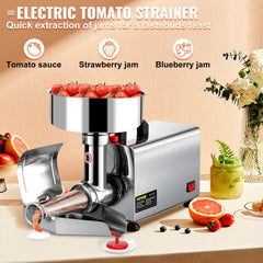 Stainless steel electric tomato strainer with 110V 370W motor for making sauces and jams.
