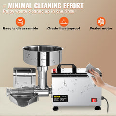 Stainless steel electric tomato strainer with auger, motor, and rinse-clean features.