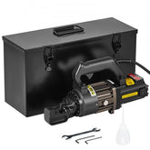 Black electric hydraulic rebar cutter with yellow accents in a metal case, including tools and oil bottle.