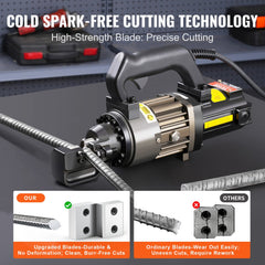 Electric hydraulic rebar cutter with black handle, yellow accents, cutting steel rebar.