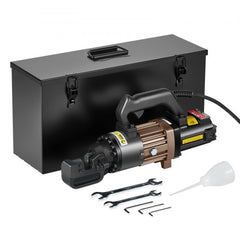 Electric hydraulic rebar cutter with 1500W motor, in black metal case with tools.