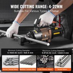 Electric hydraulic rebar cutter with 1500W motor, cutting 4-22mm rebar, shown in use with gloves.