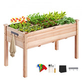 Bostome fir wood raised garden bed planter box with removable partition and drain holes.
