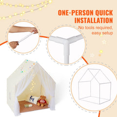 Beige yurt-style kids play tent with frame, easy one-person no-tool assembly, and interior details.
